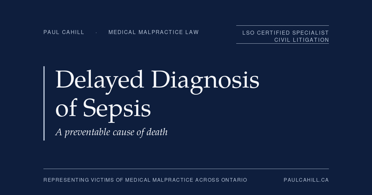 Delayed diagnosis of sepsis in Ontario, a preventable cause of death. A patient guide by Paul Cahill, medical malpractice lawyer and LSO Certified Specialist in Civil Litigation.