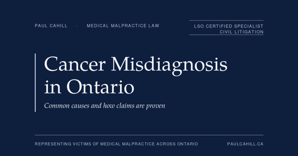 Cancer Misdiagnosis in Ontario: Common Causes and How Claims Are Proven | Paul Cahill Medical Malpractice Lawyer Cancer Misdiagnosis in Ontario, common causes and how claims are proven. Patient guide by Paul Cahill, LSO Certified Specialist in Civil Litigation.