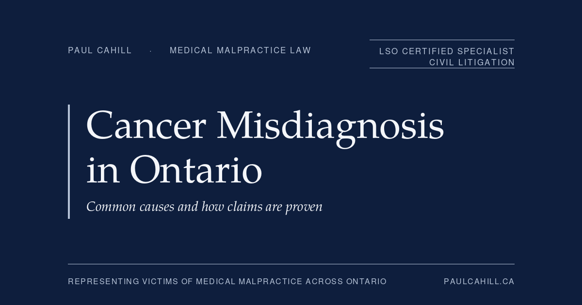 Cancer Misdiagnosis in Ontario, common causes and how claims are proven. Patient guide by Paul Cahill, LSO Certified Specialist in Civil Litigation.