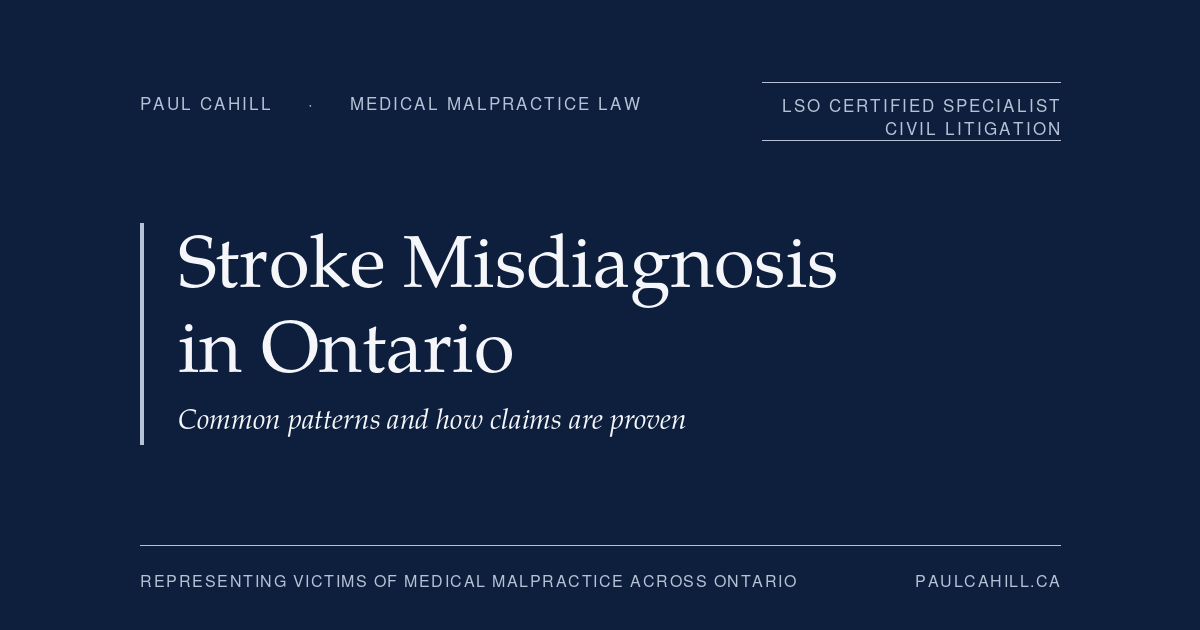 Stroke Misdiagnosis in Ontario — common patterns and how claims are proven. Patient guide by Paul Cahill, LSO Certified Specialist in Civil Litigation.
