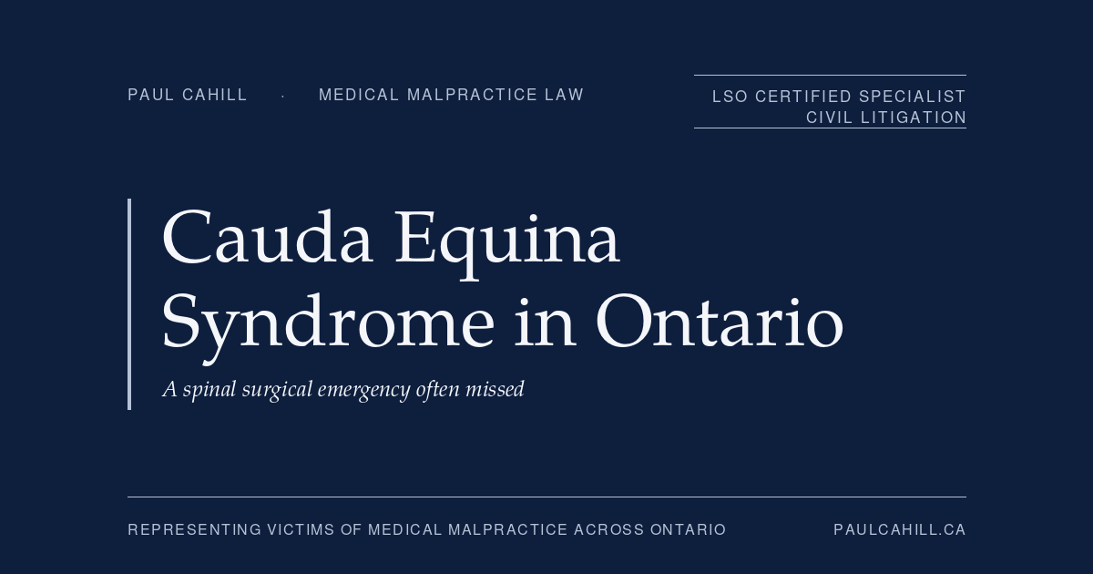 Cauda equina syndrome in Ontario: a spinal surgical emergency often missed. Patient guide by Paul Cahill, LSO Certified Specialist in Civil Litigation.