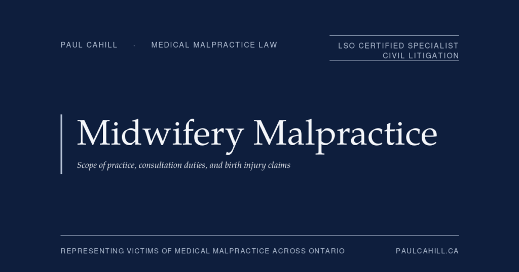 Midwifery Malpractice: Scope of practice, consultation duties, and birth injury claims in Ontario. A patient's guide by Paul Cahill, LSO Certified Specialist in Civil Litigation.