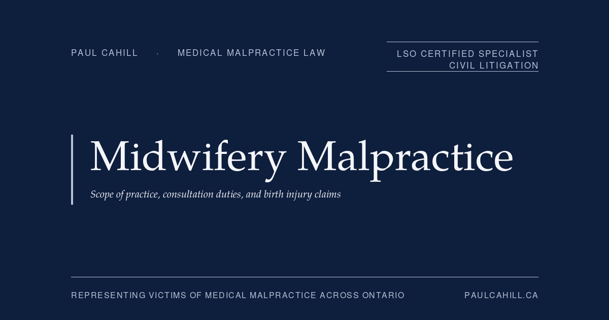 Midwifery Malpractice: Scope of practice, consultation duties, and birth injury claims in Ontario. A patient's guide by Paul Cahill, LSO Certified Specialist in Civil Litigation.