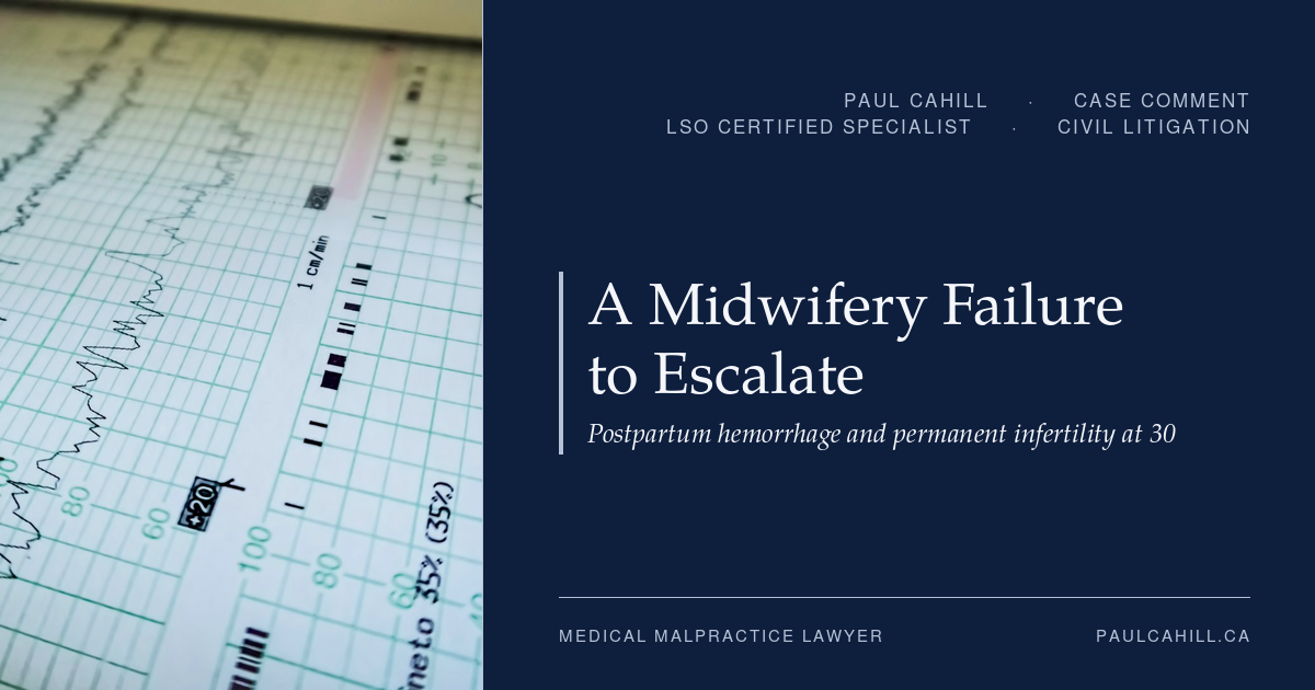 Cover image for a medical malpractice article: navy panel with the headline 'A Midwifery Failure to Escalate' and a medical waveform chart on the left side.