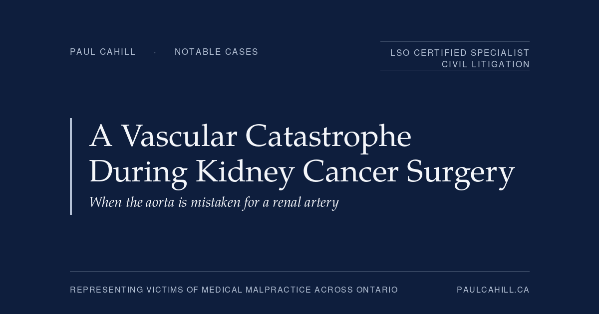 Notable case from Paul Cahill's practice: a 2013 surgical negligence settlement involving an aortic injury during a laparoscopic radical nephrectomy that left the patient with a permanent disability. By Paul Cahill, LSO Certified Specialist in Civil Litigation.