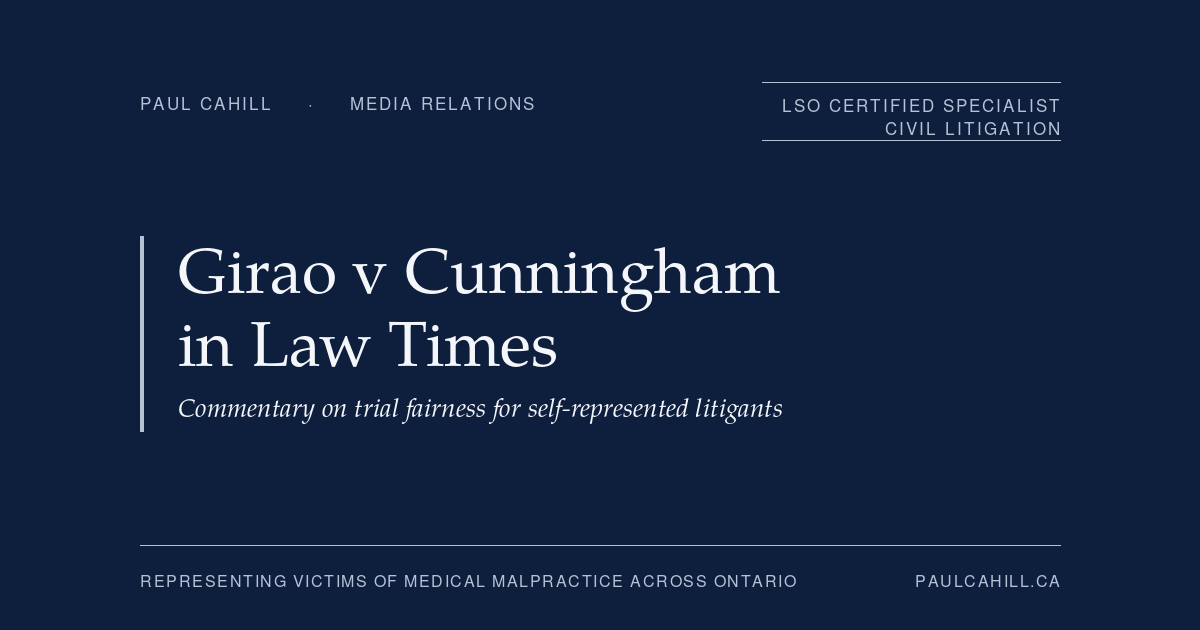 Paul Cahill social card for the media relations post on Girao v Cunningham commentary in Law Times.