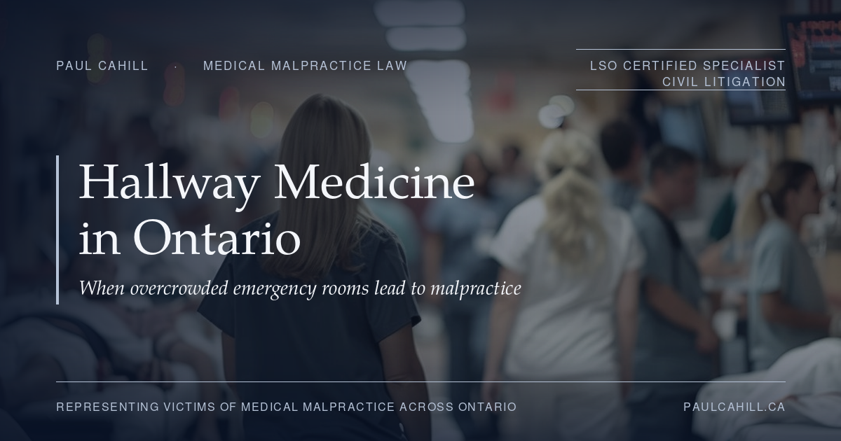 Emergency department hallway crowded with patients on stretchers and nursing staff, illustrating Ontario hallway medicine and overcrowded ER conditions.