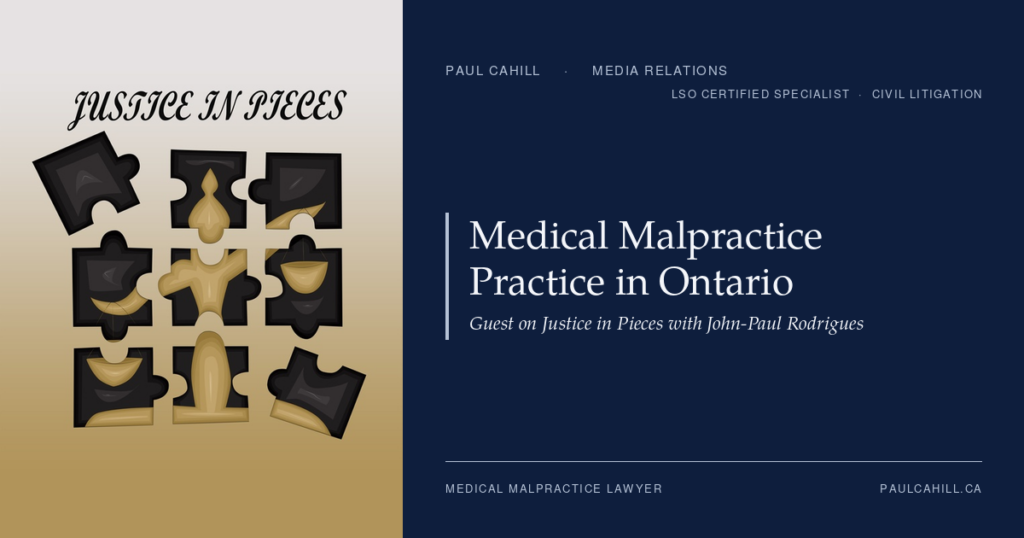 Composite card pairing the Justice in Pieces logo, with its deconstructed Lady Justice puzzle pieces, against Paul Cahill's navy brand panel.