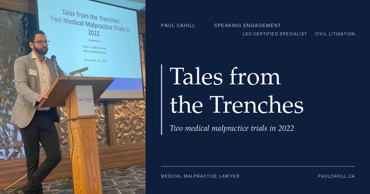 Paul Cahill speaking at a podium at Gluckstein's 2022 Risky Business medical malpractice conference, with the presentation title slide visible behind him.